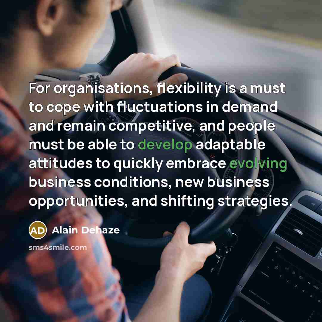 “For organisations, flexibility is a must to cope with fluctuations in demand and remain competitive, and people must be able to develop adaptable attitudes to quickly embrace evolving business conditions, new business opportunities, and shifting strategies.” quote by Alain Dehaze