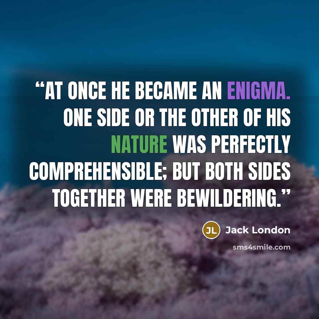 “At once he became an enigma. One side or the other of his nature was perfectly comprehensible; but both sides together were bewildering.” quote by Jack London