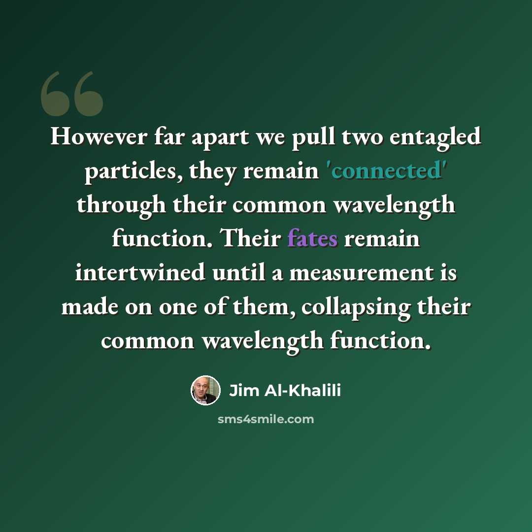 “However far apart we pull two entagled particles, they remain 'connected' through their common wavelength function. Their fates remain intertwined until a measurement is made on one of them, collapsing their common wavelength function.” quote by Jim Al-Khalili