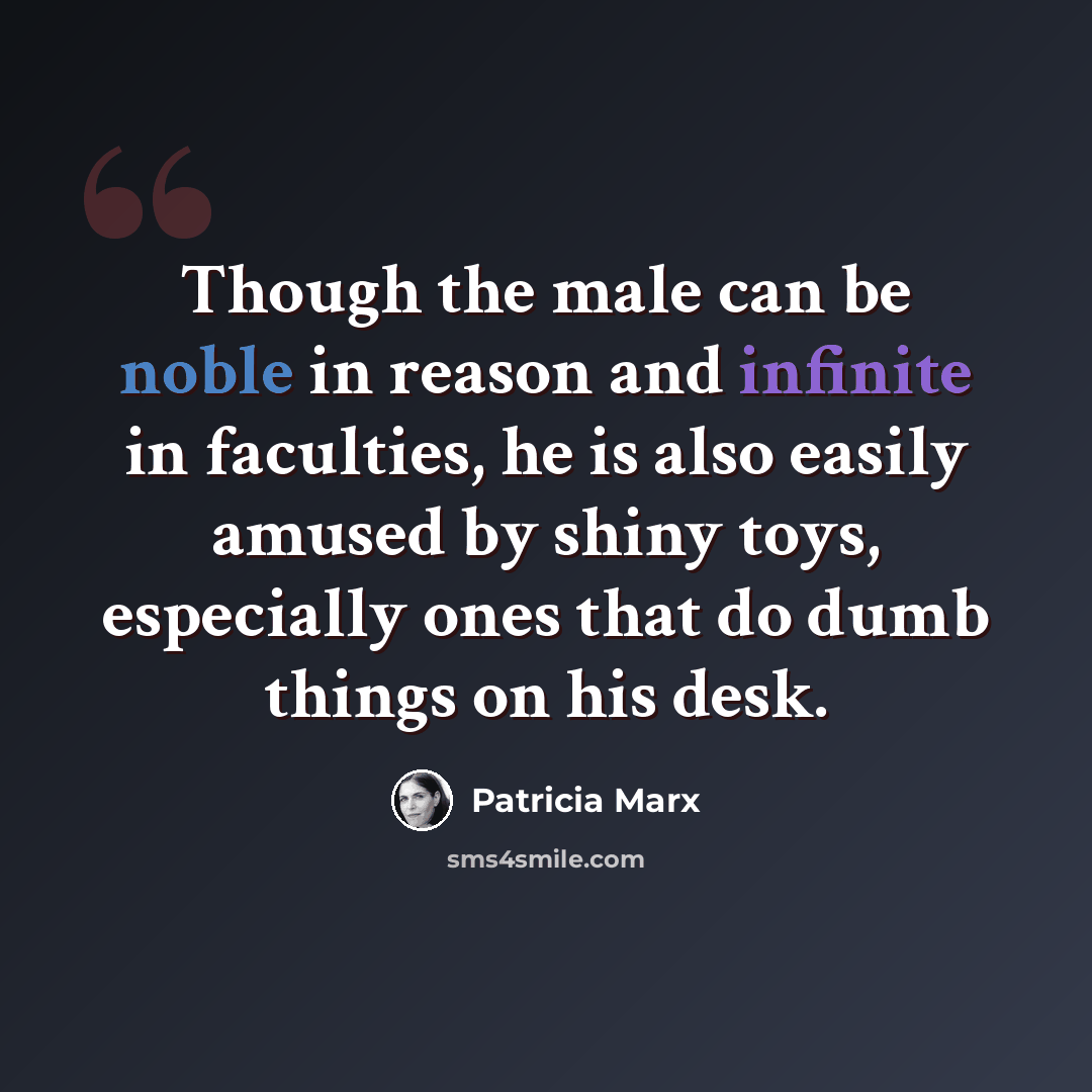 “Though the male can be noble in reason and infinite in faculties, he is also easily amused by shiny toys, especially ones that do dumb things on his desk.” quote by Patricia Marx