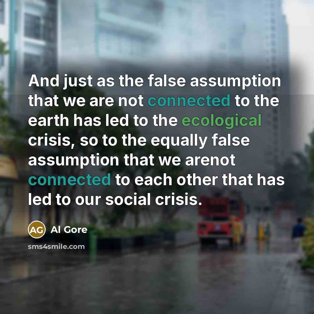 “And just as the false assumption that we are not connected to the earth has led to the ecological crisis, so to the equally false assumption that we arenot connected to each other that has led to our social crisis.” quote by Al Gore