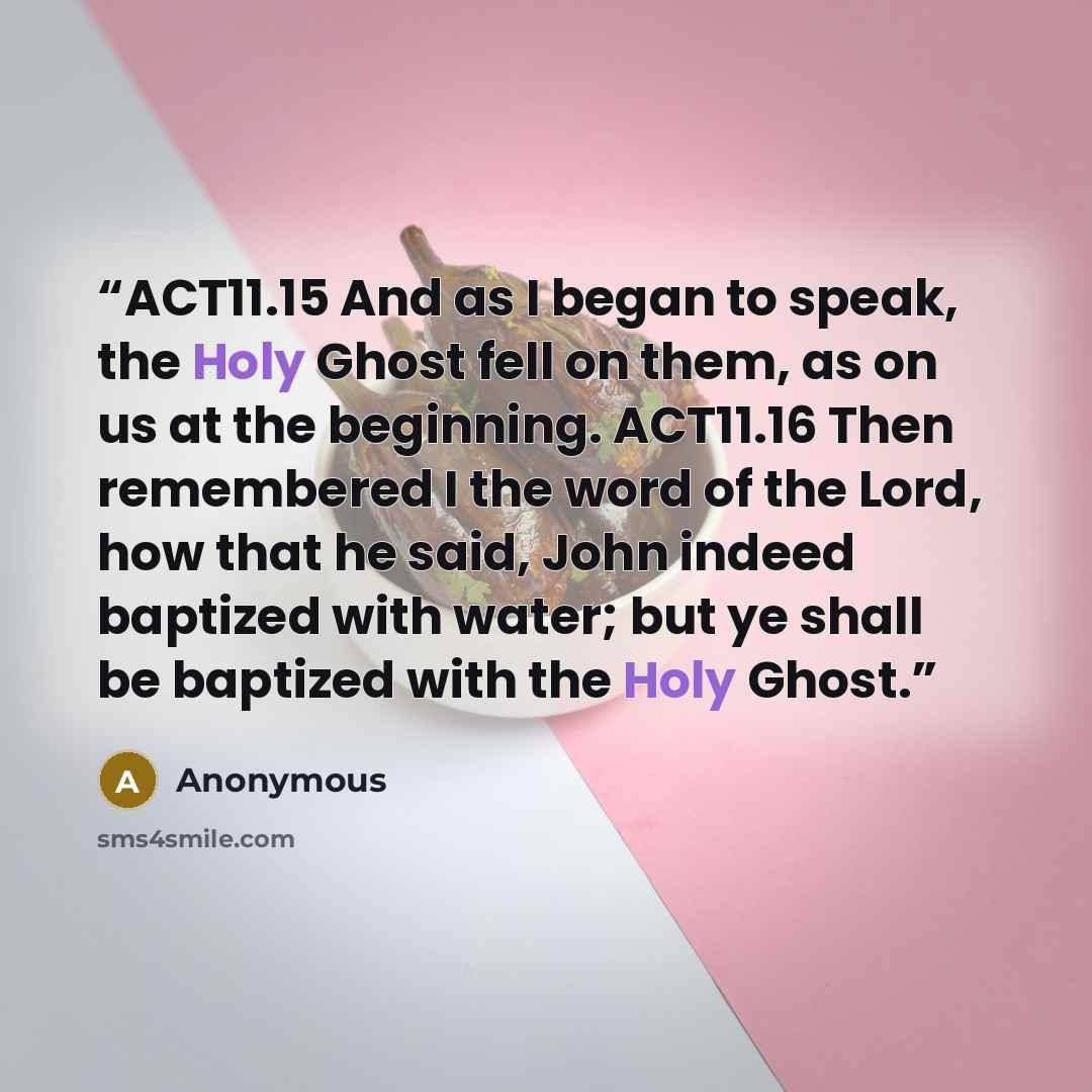 “ACT11.15 And as I began to speak, the Holy Ghost fell on them, as on us at the beginning. ACT11.16 Then remembered I the word of the Lord, how that he said, John indeed baptized with water; but ye shall be baptized with the Holy Ghost.” quote by Anonymous