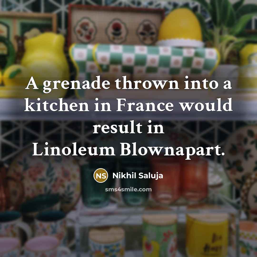 “A grenade thrown into a kitchen in France would result in Linoleum Blownapart.” quote by Nikhil Saluja
