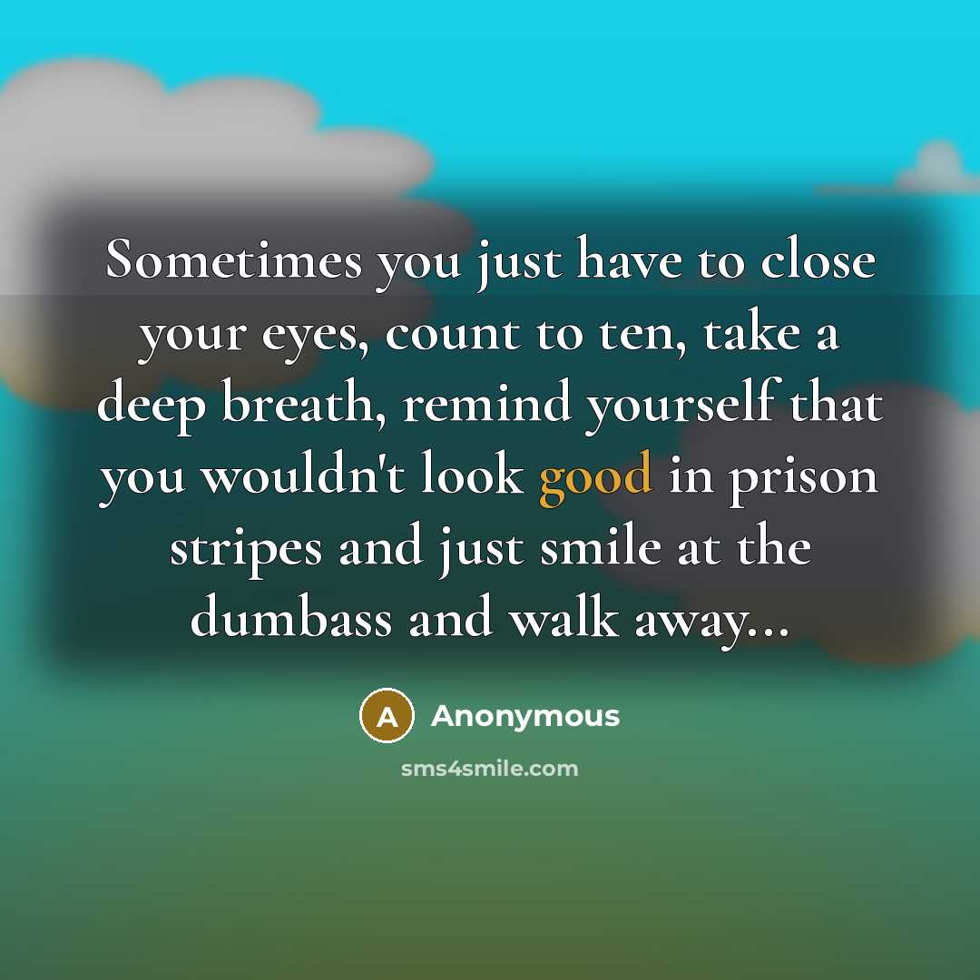 “Sometimes you just have to close your eyes, count to ten, take a deep breath, remind yourself that you wouldn't look good in prison stripes and just smile at the dumbass and walk away...” quote by Anonymous