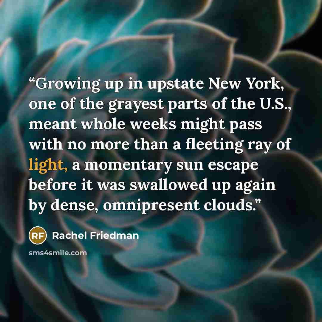 “Growing up in upstate New York, one of the grayest parts of the U.S., meant whole weeks might pass with no more than a fleeting ray of light, a momentary sun escape before it was swallowed up again by dense, omnipresent clouds.” quote by Rachel Friedman