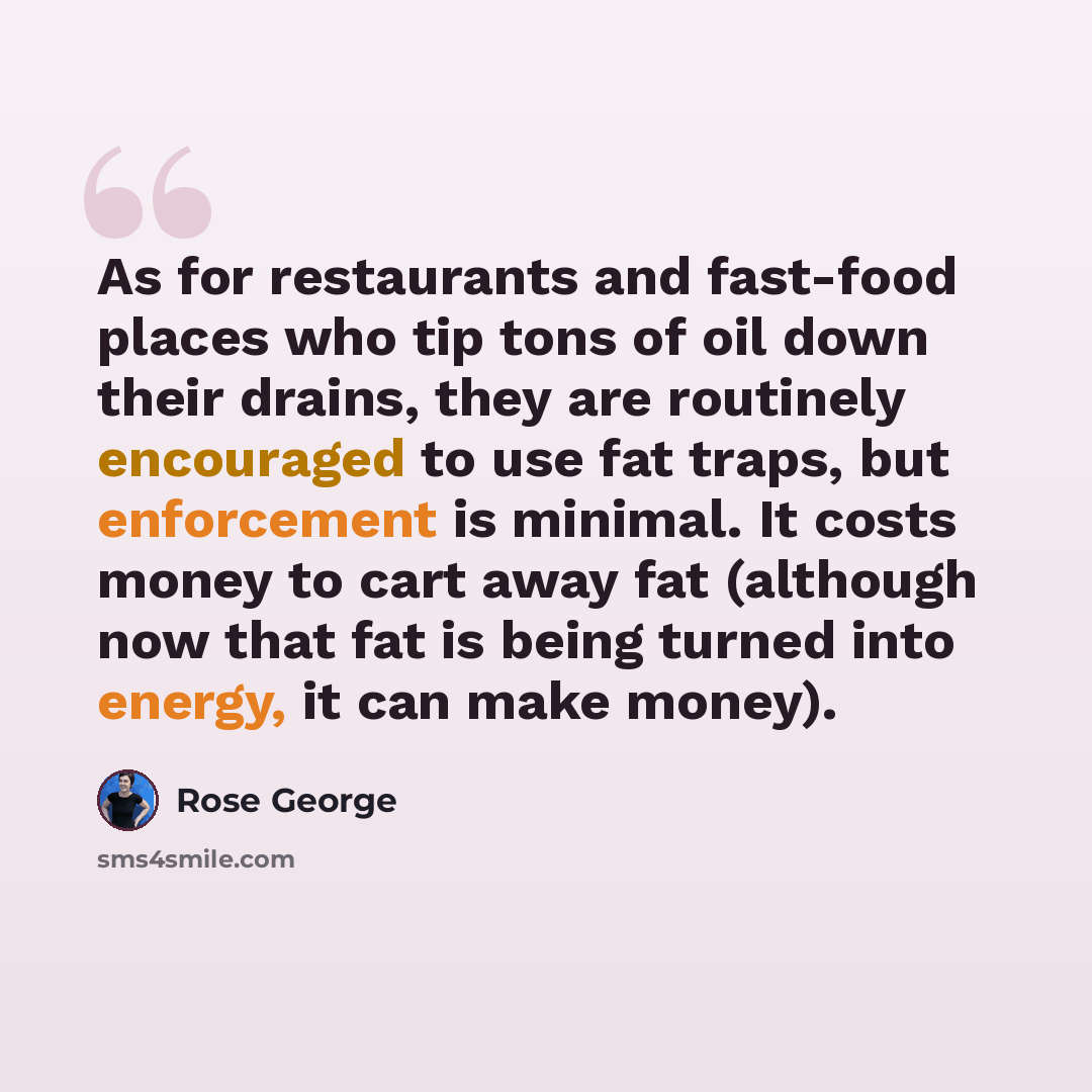 “As for restaurants and fast-food places who tip tons of oil down their drains, they are routinely encouraged to use fat traps, but enforcement is minimal. It costs money to cart away fat (although now that fat is being turned into energy, it can make money).” quote by Rose George