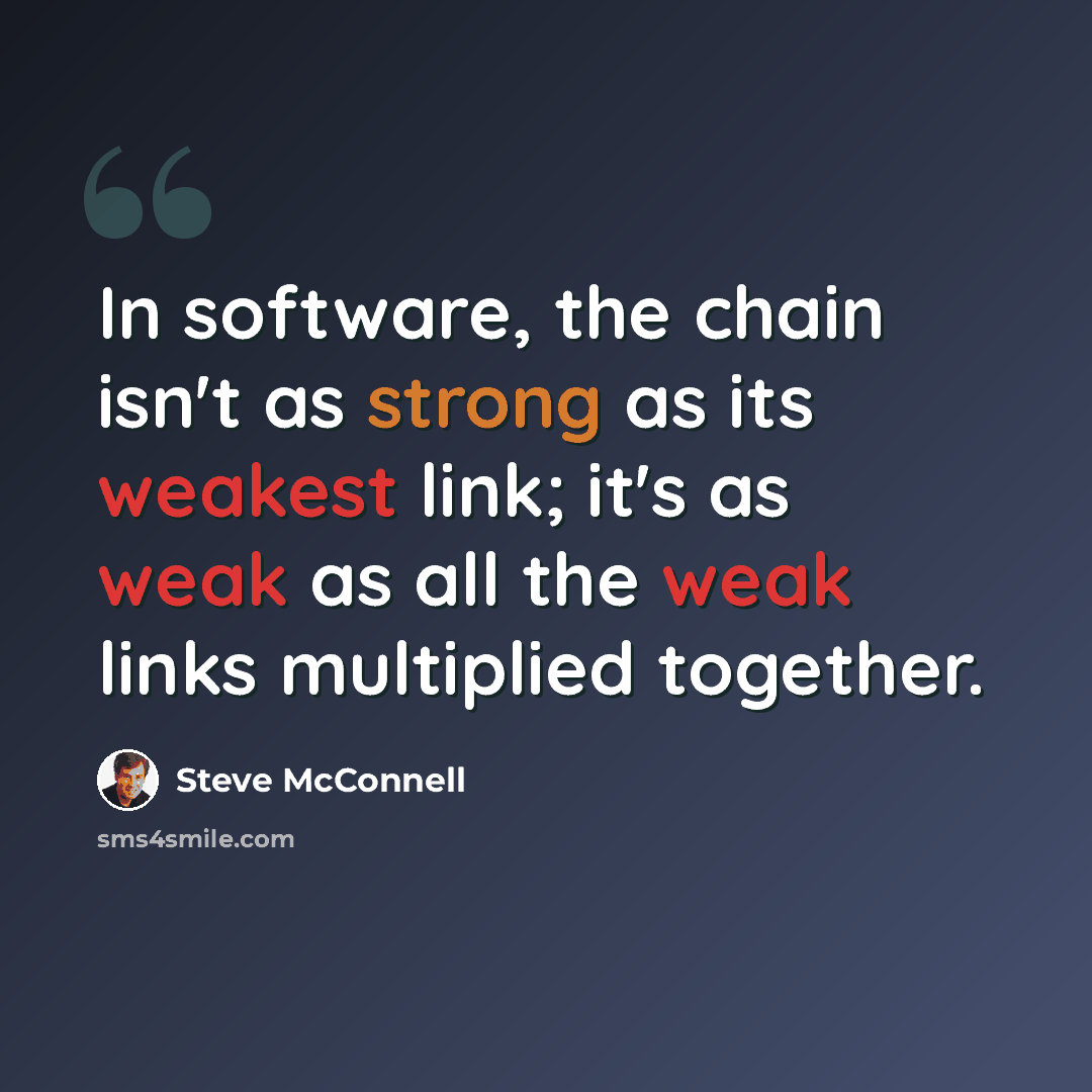 “In software, the chain isn't as strong as its weakest link; it's as weak as all the weak links multiplied together.” quote by Steve McConnell