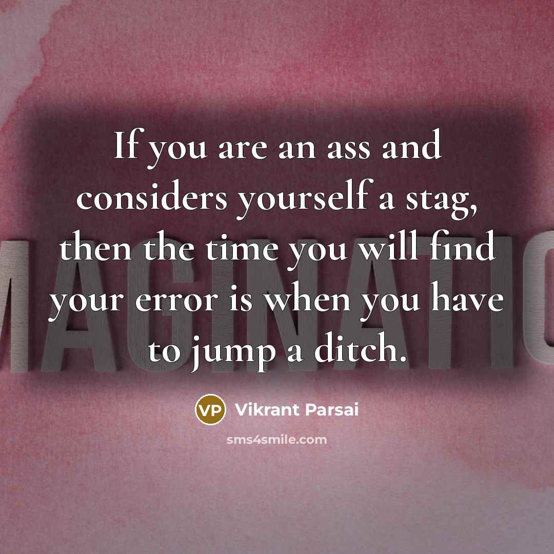 “If you are an ass and considers yourself a stag, then the time you will find your error is when you have to jump a ditch.” quote by Vikrant Parsai