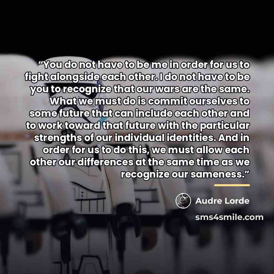 “You do not have to be me in order for us to fight alongside each other. I do not have to be you to recognize that our wars are the same. What we must do is commit ourselves to some future that can include each other and to work toward that future with the particular strengths of our individual…” quote by Audre Lorde