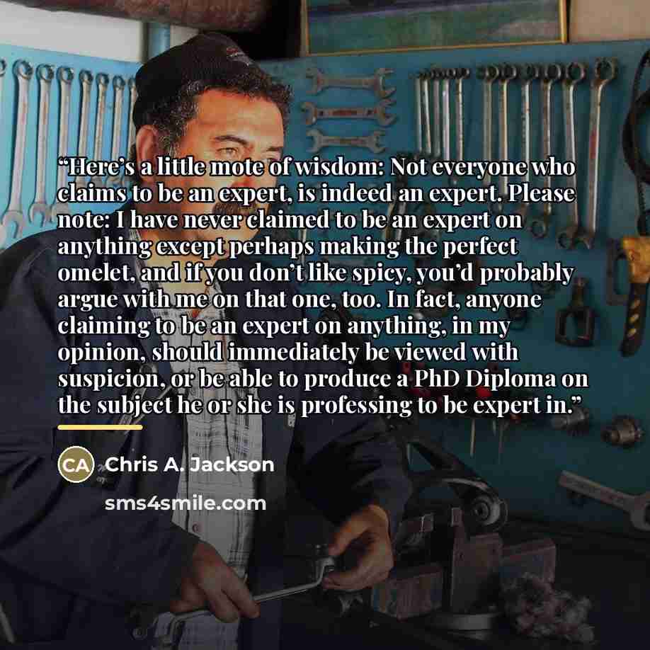 “Here’s a little mote of wisdom: Not everyone who claims to be an expert, is indeed an expert. Please note: I have never claimed to be an expert on anything except perhaps making the perfect omelet, and if you don’t like spicy, you’d probably argue with me on that one, too. In fact, anyone claiming…” quote by Chris A. Jackson
