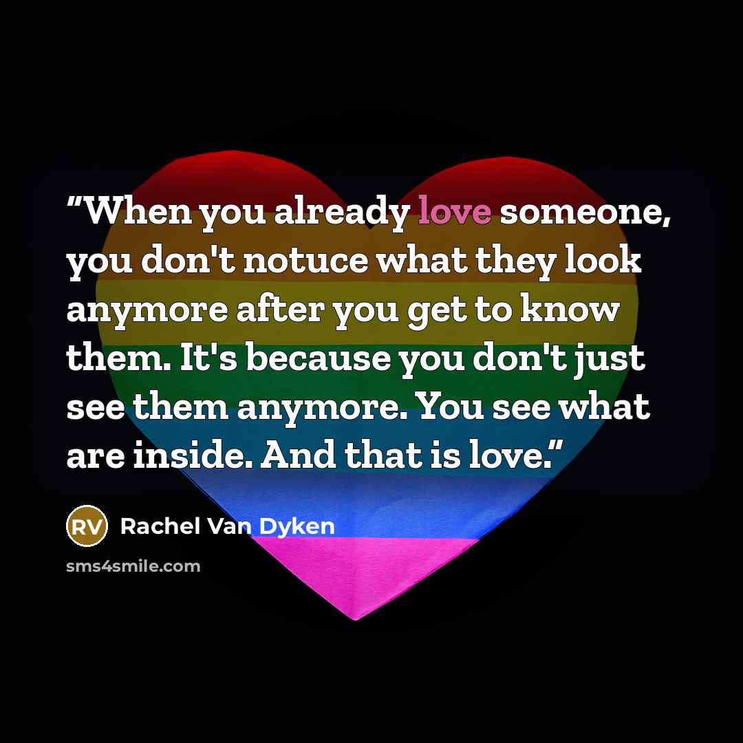 “When you already love someone, you don't notuce what they look anymore after you get to know them. It's because you don't just see them anymore. You see what are inside. And that is love.” quote by Rachel Van Dyken