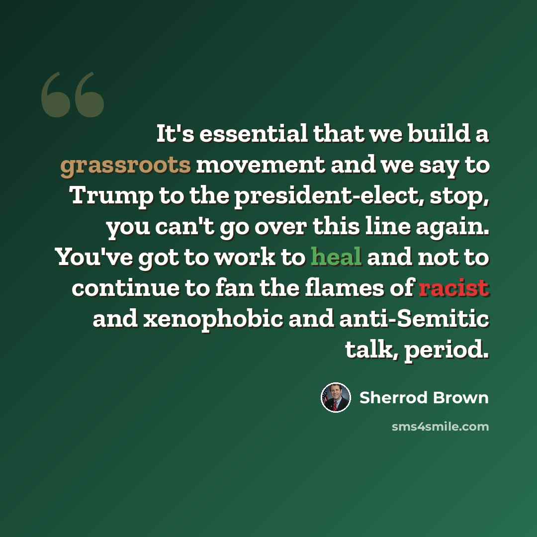 “It's essential that we build a grassroots movement and we say to Trump to the president-elect, stop, you can't go over this line again. You've got to work to heal and not to continue to fan the flames of racist and xenophobic and anti-Semitic talk, period.” quote by Sherrod Brown