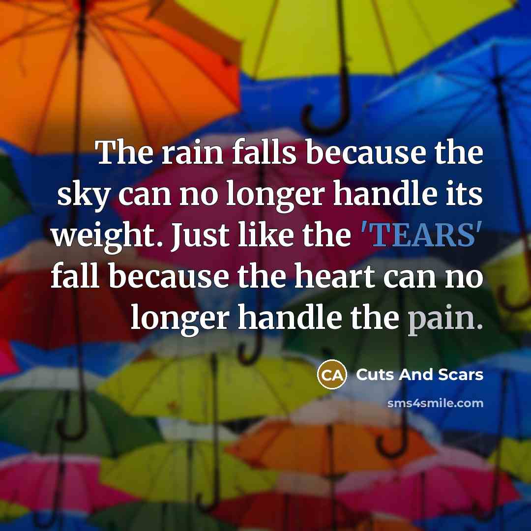 “The rain falls because the sky can no longer handle its weight. Just like the 'TEARS' fall because the heart can no longer handle the pain.” quote by Cuts And Scars