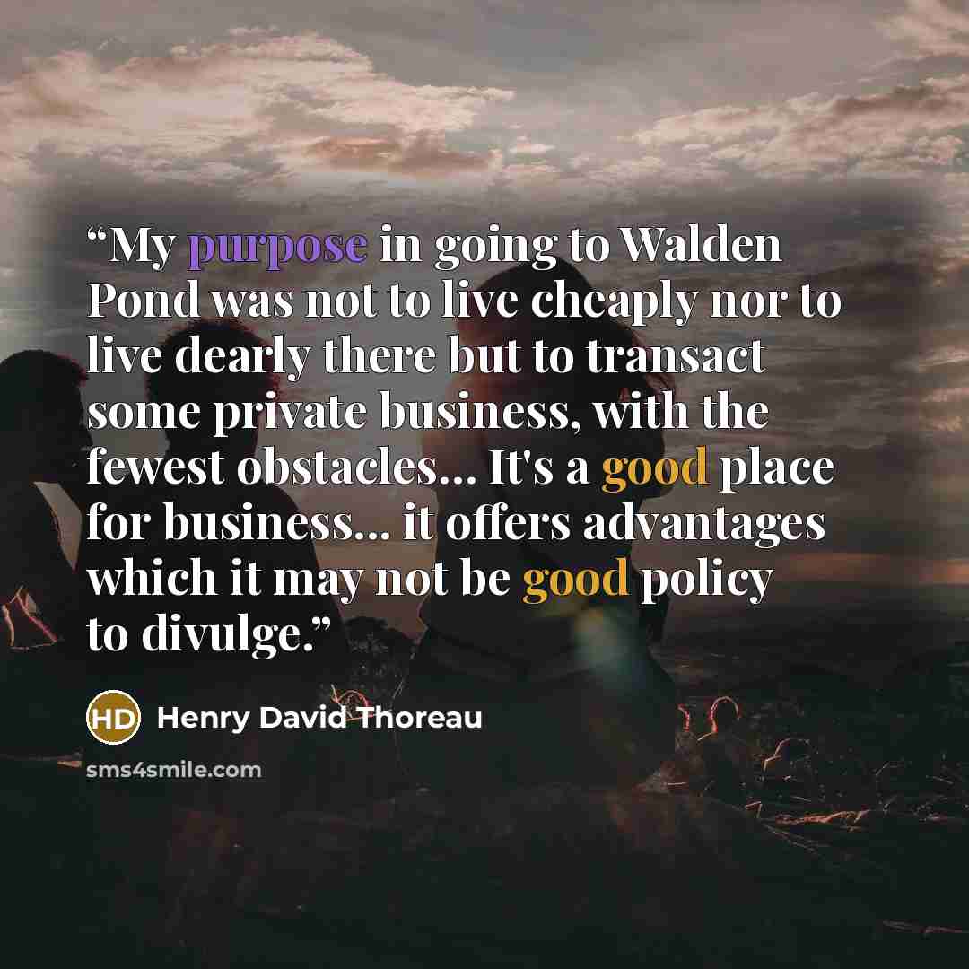 “My purpose in going to Walden Pond was not to live cheaply nor to live dearly there but to transact some private business, with the fewest obstacles… It's a good place for business... it offers advantages which it may not be good policy to divulge.” quote by Henry David Thoreau