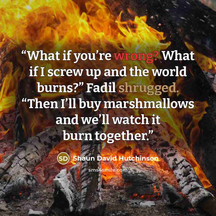 “What if you’re wrong? What if I screw up and the world burns?” Fadil shrugged. “Then I’ll buy marshmallows and we’ll watch it burn together.” quote by Shaun David Hutchinson