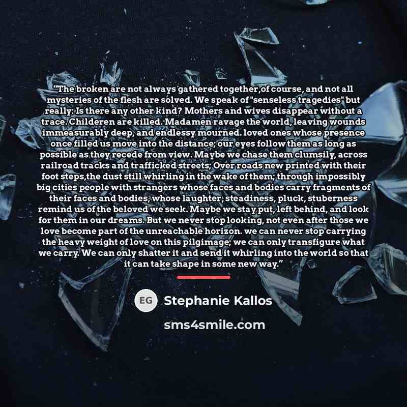 “The broken are not always gathered together,of course, and not all mysteries of the flesh are solved. We speak of "senseless tragedies" but really: Is there any other kind? Mothers and wives disappear without a trace. Childeren are killed. Madamen ravage the world, leaving wounds immeasurably…” quote by Stephanie Kallos