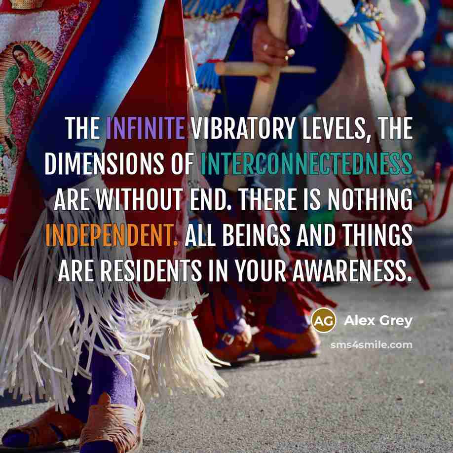“The infinite vibratory levels, the dimensions of interconnectedness are without end. There is nothing independent. All beings and things are residents in your awareness.” quote by Alex Grey