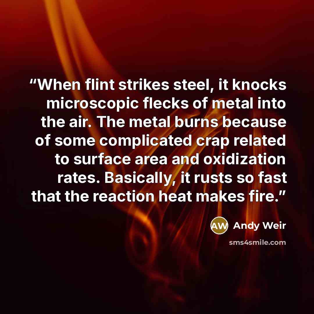 “When flint strikes steel, it knocks microscopic flecks of metal into the air. The metal burns because of some complicated crap related to surface area and oxidization rates. Basically, it rusts so fast that the reaction heat makes fire.” quote by Andy Weir