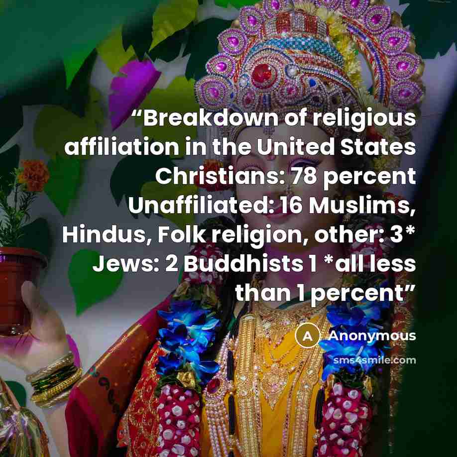 “Breakdown of religious affiliation in the United States Christians: 78 percent Unaffiliated: 16 Muslims, Hindus, Folk religion, other: 3* Jews: 2 Buddhists 1 *all less than 1 percent” quote by Anonymous