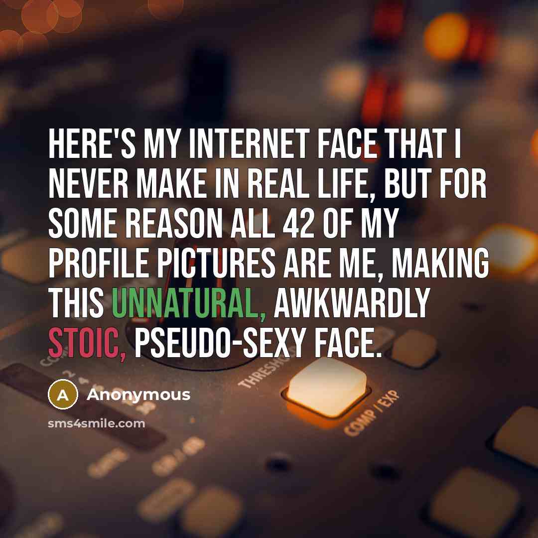 “Here's my internet face that I never make in real life, but for some reason all 42 of my profile pictures are me, making this unnatural, awkwardly stoic, pseudo-sexy face.” quote by Anonymous