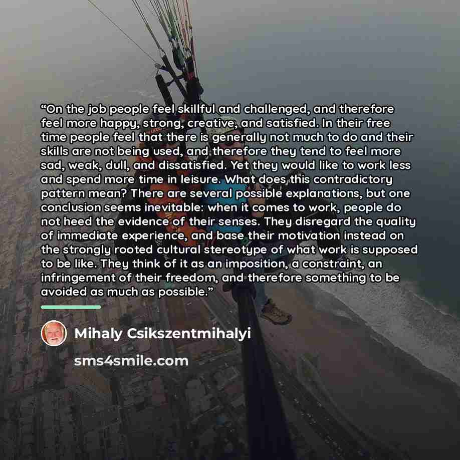 “On the job people feel skillful and challenged, and therefore feel more happy, strong, creative, and satisfied. In their free time people feel that there is generally not much to do and their skills are not being used, and therefore they tend to feel more sad, weak, dull, and dissatisfied. Yet…” quote by Mihaly Csikszentmihalyi