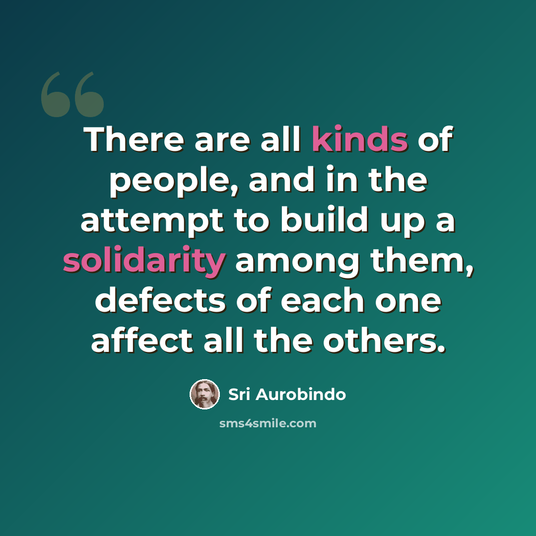 “There are all kinds of people, and in the attempt to build up a solidarity among them, defects of each one affect all the others.” quote by Sri Aurobindo