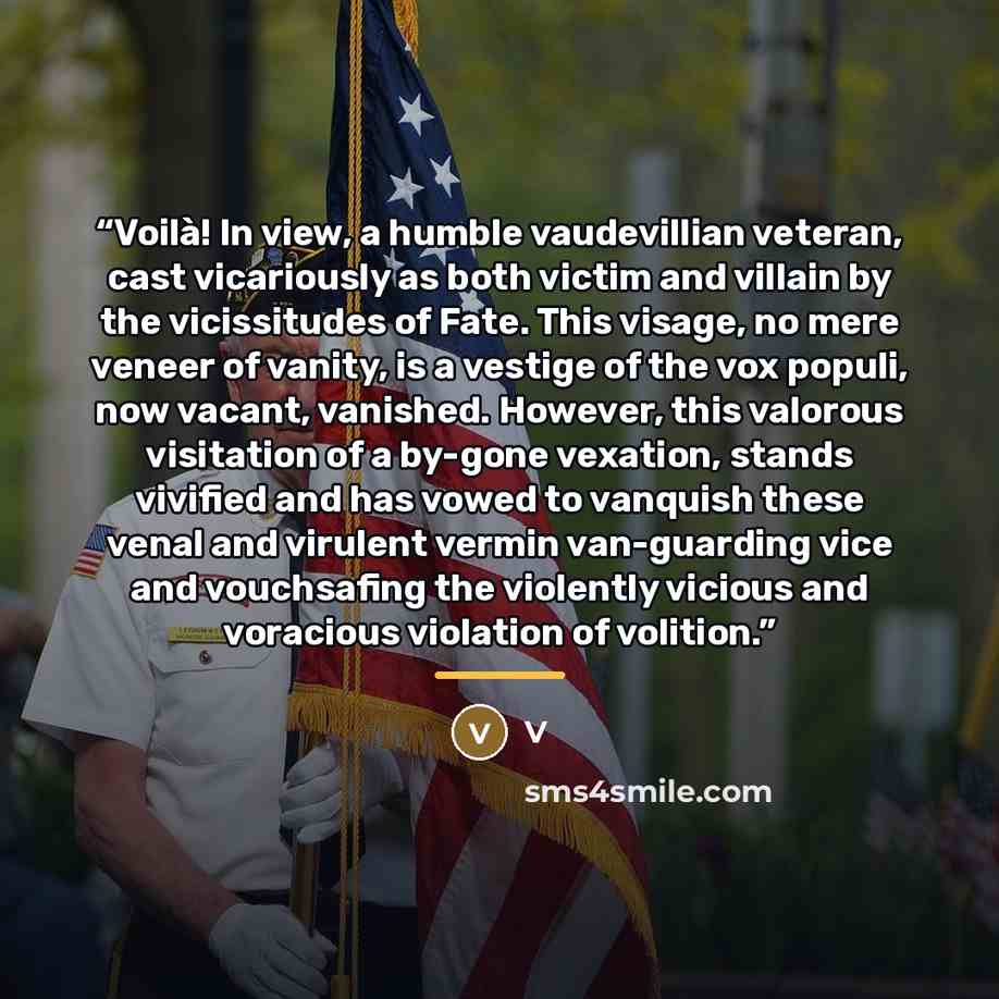 “Voilà! In view, a humble vaudevillian veteran, cast vicariously as both victim and villain by the vicissitudes of Fate. This visage, no mere veneer of vanity, is a vestige of the vox populi, now vacant, vanished. However, this valorous visitation of a by-gone vexation, stands vivified and has…” quote by V