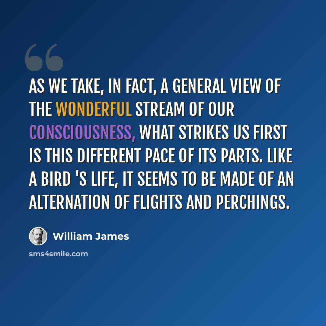 “As we take, in fact, a general view of the wonderful stream of our consciousness, what strikes us first is this different pace of its parts. Like a bird 's life, it seems to be made of an alternation of flights and perchings.” quote by William James
