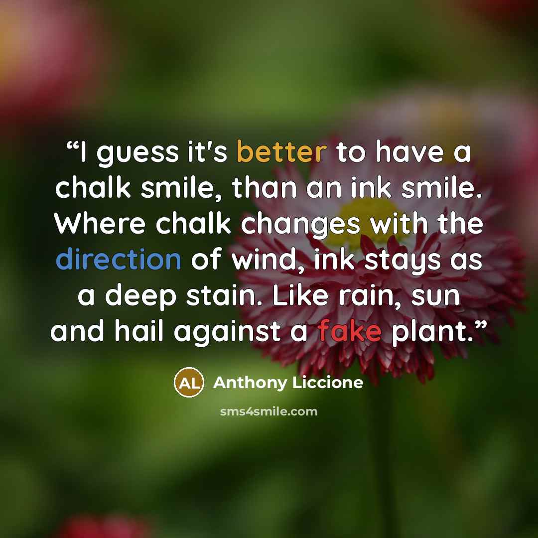 “I guess it's better to have a chalk smile, than an ink smile. Where chalk changes with the direction of wind, ink stays as a deep stain. Like rain, sun and hail against a fake plant.” quote by Anthony Liccione