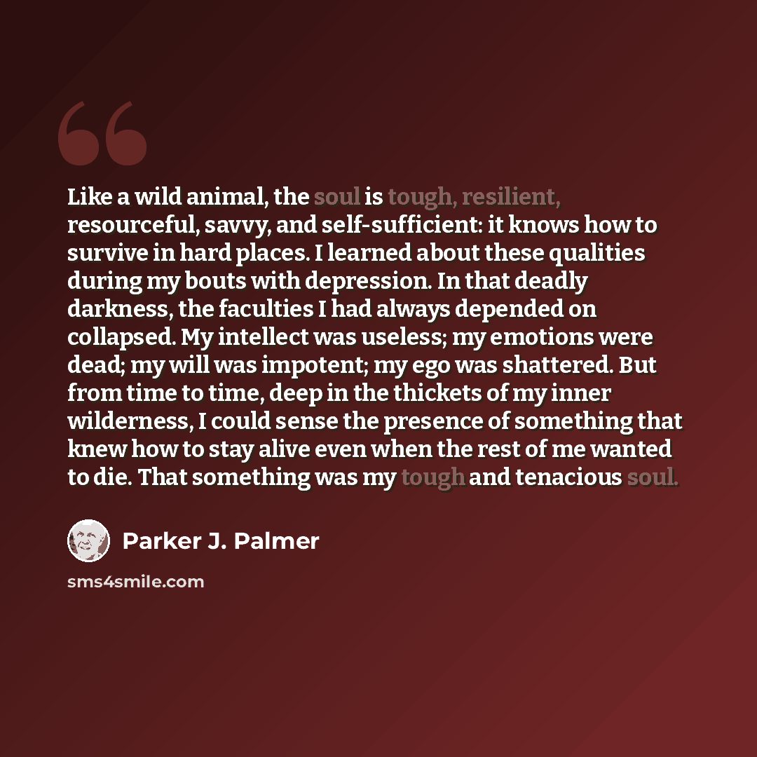 “Like a wild animal, the soul is tough, resilient, resourceful, savvy, and self-sufficient: it knows how to survive in hard places. I learned about these qualities during my bouts with depression. In that deadly darkness, the faculties I had always depended on collapsed. My intellect was useless…” quote by Parker J. Palmer