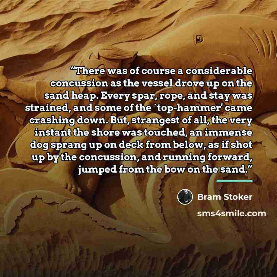 “There was of course a considerable concussion as the vessel drove up on the sand heap. Every spar, rope, and stay was strained, and some of the 'top-hammer' came crashing down. But, strangest of all, the very instant the shore was touched, an immense dog sprang up on deck from below, as if shot up…” quote by Bram Stoker