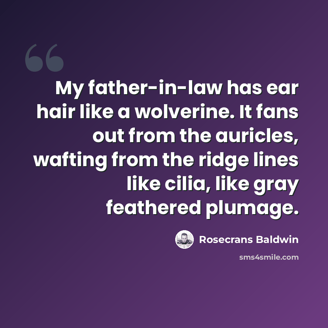 “My father-in-law has ear hair like a wolverine. It fans out from the auricles, wafting from the ridge lines like cilia, like gray feathered plumage.” quote by Rosecrans Baldwin