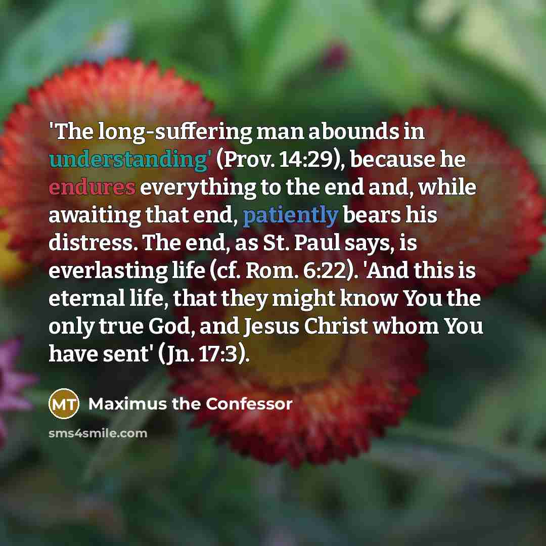 “'The long-suffering man abounds in understanding' (Prov. 14:29), because he endures everything to the end and, while awaiting that end, patiently bears his distress. The end, as St. Paul says, is everlasting life (cf. Rom. 6:22). 'And this is eternal life, that they might know You the only true…” quote by Maximus the Confessor