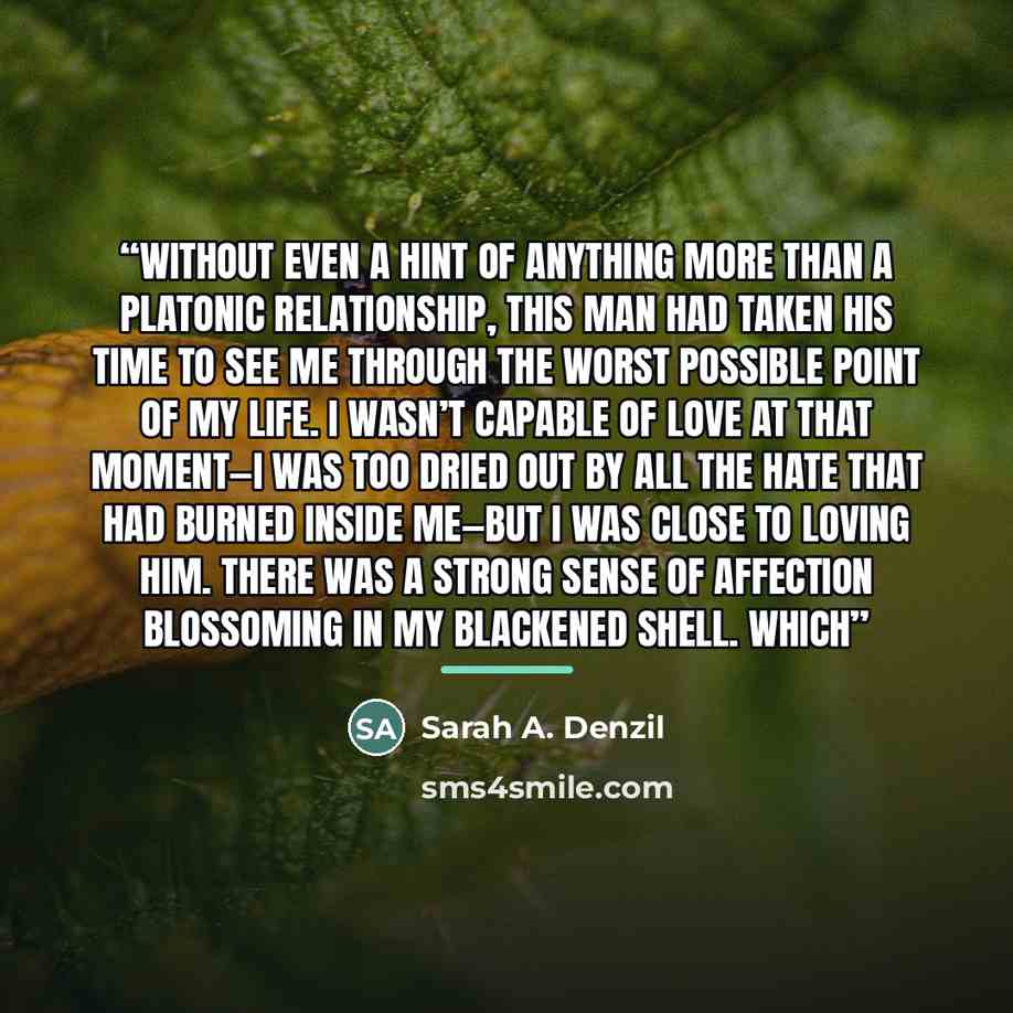 “Without even a hint of anything more than a platonic relationship, this man had taken his time to see me through the worst possible point of my life. I wasn’t capable of love at that moment—I was too dried out by all the hate that had burned inside me—but I was close to loving him. There was a…” quote by Sarah A. Denzil
