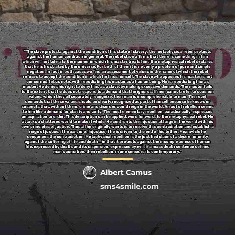 “The slave protests against the condition of his state of slavery; the metaphysical rebel protests against the human condition in general. The rebel slave affirms that there is something in him which will not tolerate the manner in which his master treats him; the metaphysical rebel declares that…” quote by Albert Camus
