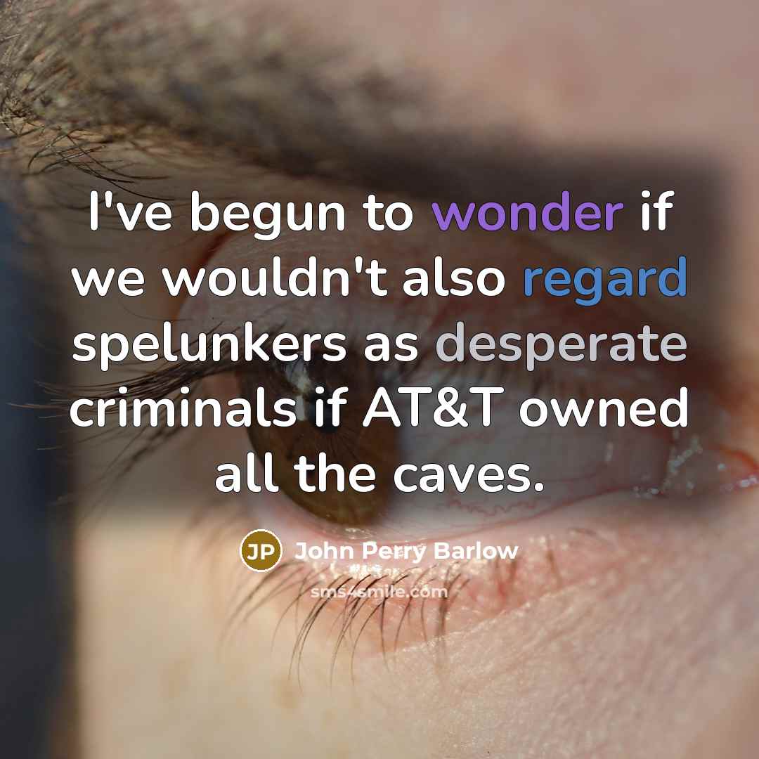 “I've begun to wonder if we wouldn't also regard spelunkers as desperate criminals if AT&T owned all the caves.” quote by John Perry Barlow