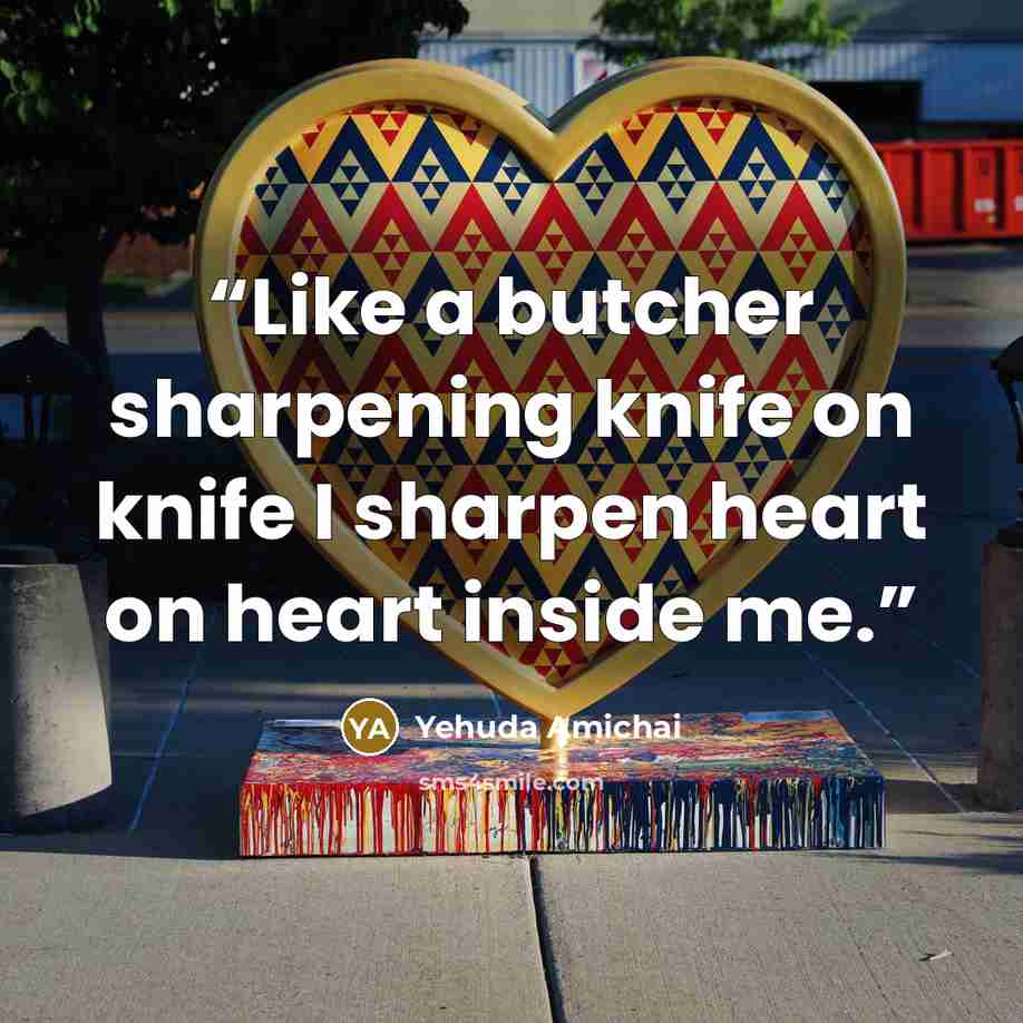 “Like a butcher sharpening knife on knife I sharpen heart on heart inside me.” quote by Yehuda Amichai