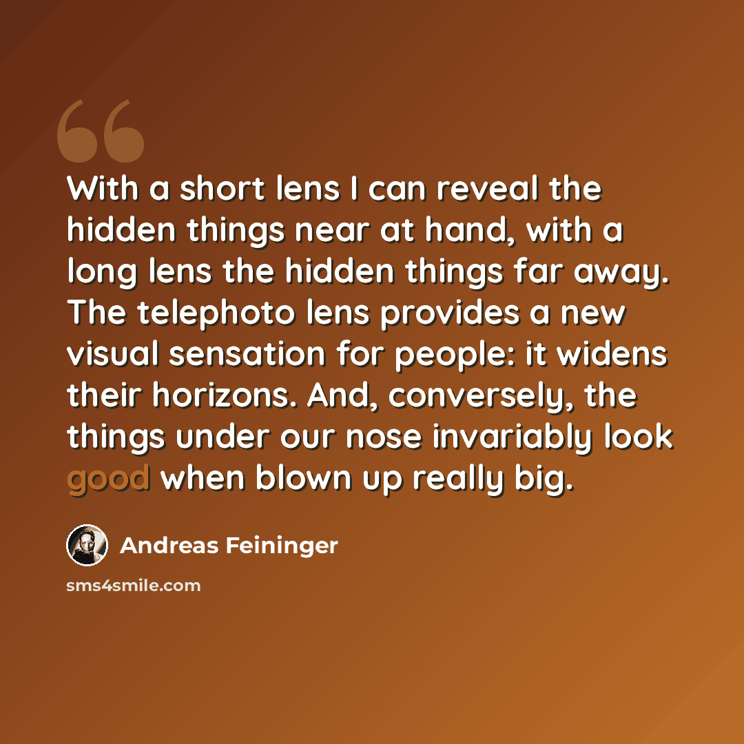 “With a short lens I can reveal the hidden things near at hand, with a long lens the hidden things far away. The telephoto lens provides a new visual sensation for people: it widens their horizons. And, conversely, the things under our nose invariably look good when blown up really big.” quote by Andreas Feininger