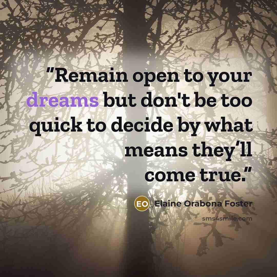 “Remain open to your dreams but don't be too quick to decide by what means they’ll come true.” quote by Elaine Orabona Foster