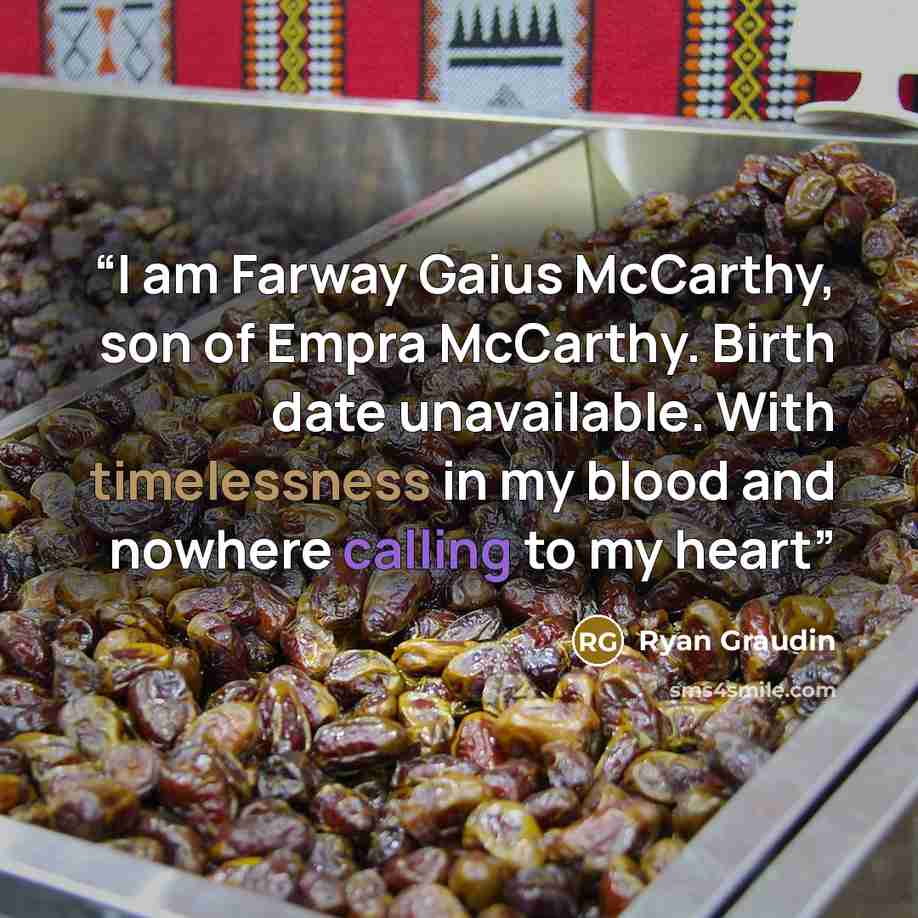 “I am Farway Gaius McCarthy, son of Empra McCarthy. Birth date unavailable. With timelessness in my blood and nowhere calling to my heart” quote by Ryan Graudin