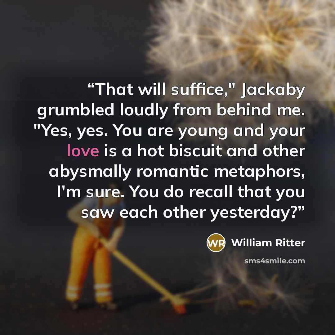 “That will suffice," Jackaby grumbled loudly from behind me. "Yes, yes. You are young and your love is a hot biscuit and other abysmally romantic metaphors, I'm sure. You do recall that you saw each other yesterday?” quote by William Ritter