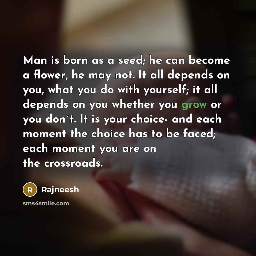 “Man is born as a seed; he can become a flower, he may not. It all depends on you, what you do with yourself; it all depends on you whether you grow or you don´t. It is your choice- and each moment the choice has to be faced; each moment you are on the crossroads.” quote by Rajneesh