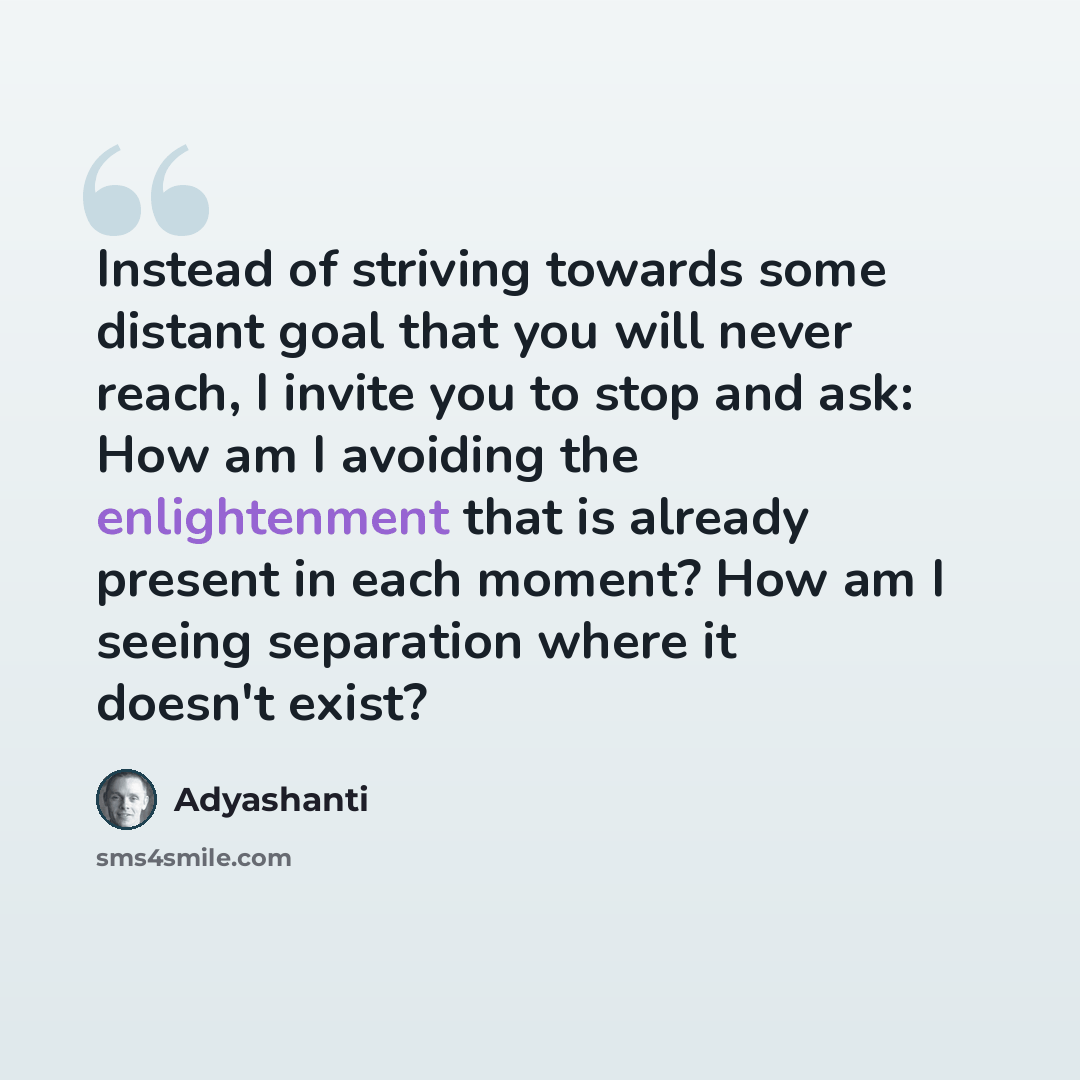 “Instead of striving towards some distant goal that you will never reach, I invite you to stop and ask: How am I avoiding the enlightenment that is already present in each moment? How am I seeing separation where it doesn't exist?” quote by Adyashanti