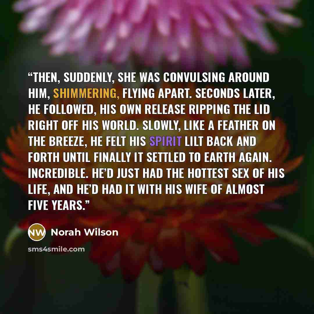 “Then, suddenly, she was convulsing around him, shimmering, flying apart. Seconds later, he followed, his own release ripping the lid right off his world. Slowly, like a feather on the breeze, he felt his spirit lilt back and forth until finally it settled to earth again. Incredible. He’d just had…” quote by Norah Wilson