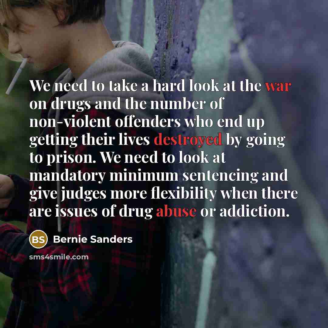 “We need to take a hard look at the war on drugs and the number of non-violent offenders who end up getting their lives destroyed by going to prison. We need to look at mandatory minimum sentencing and give judges more flexibility when there are issues of drug abuse or addiction.” quote by Bernie Sanders