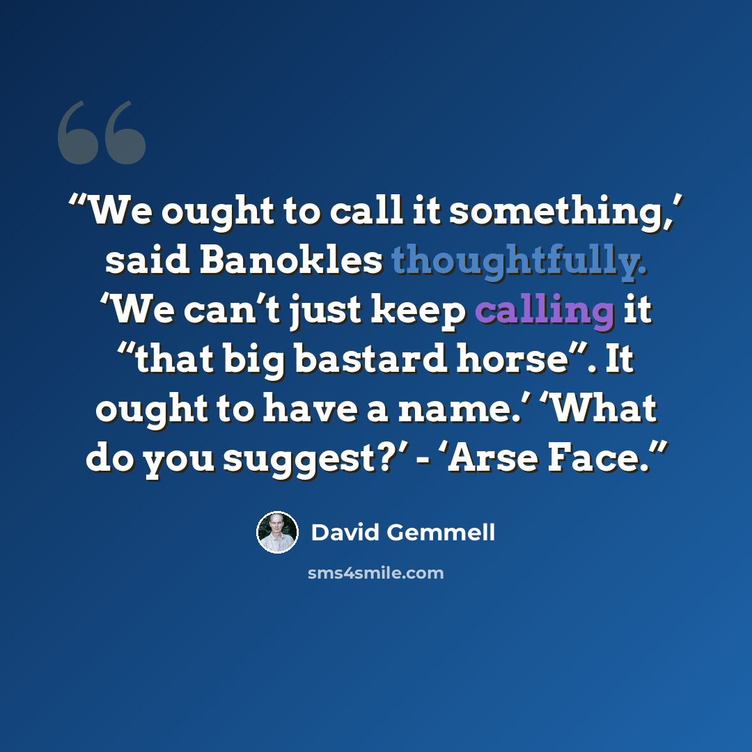 “We ought to call it something,’ said Banokles thoughtfully. ‘We can’t just keep calling it “that big bastard horse”. It ought to have a name.’ ‘What do you suggest?’ - ‘Arse Face.” quote by David Gemmell