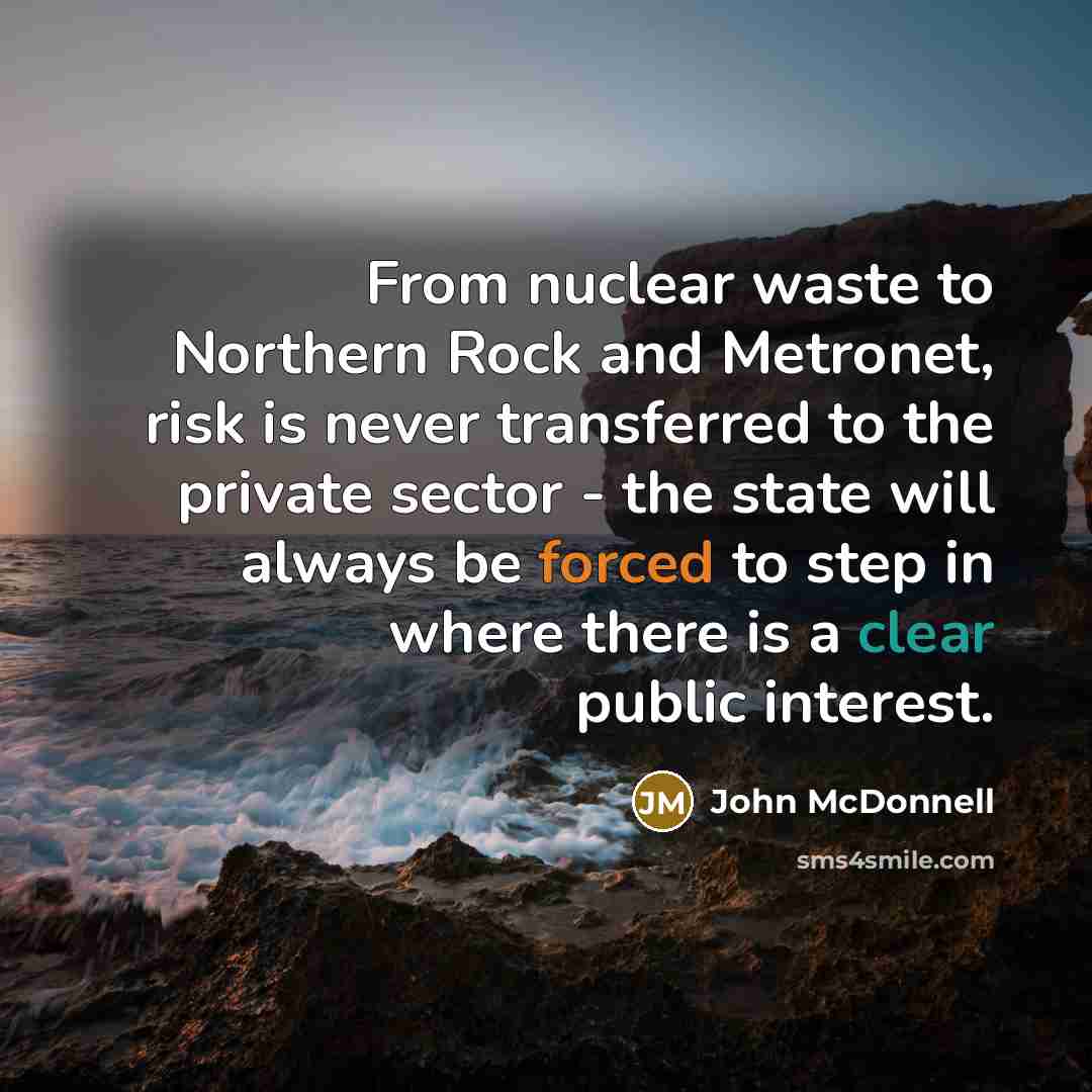 “From nuclear waste to Northern Rock and Metronet, risk is never transferred to the private sector - the state will always be forced to step in where there is a clear public interest.” quote by John McDonnell