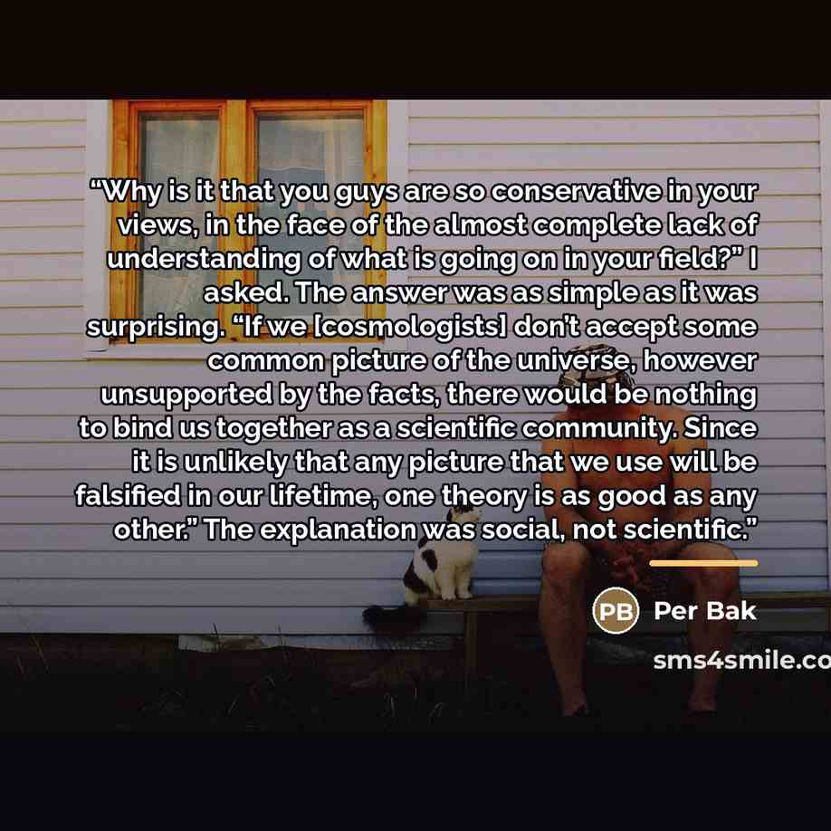 “Why is it that you guys are so conservative in your views, in the face of the almost complete lack of understanding of what is going on in your field?” I asked. The answer was as simple as it was surprising. “If we [cosmologists] don’t accept some common picture of the universe, however…” quote by Per Bak