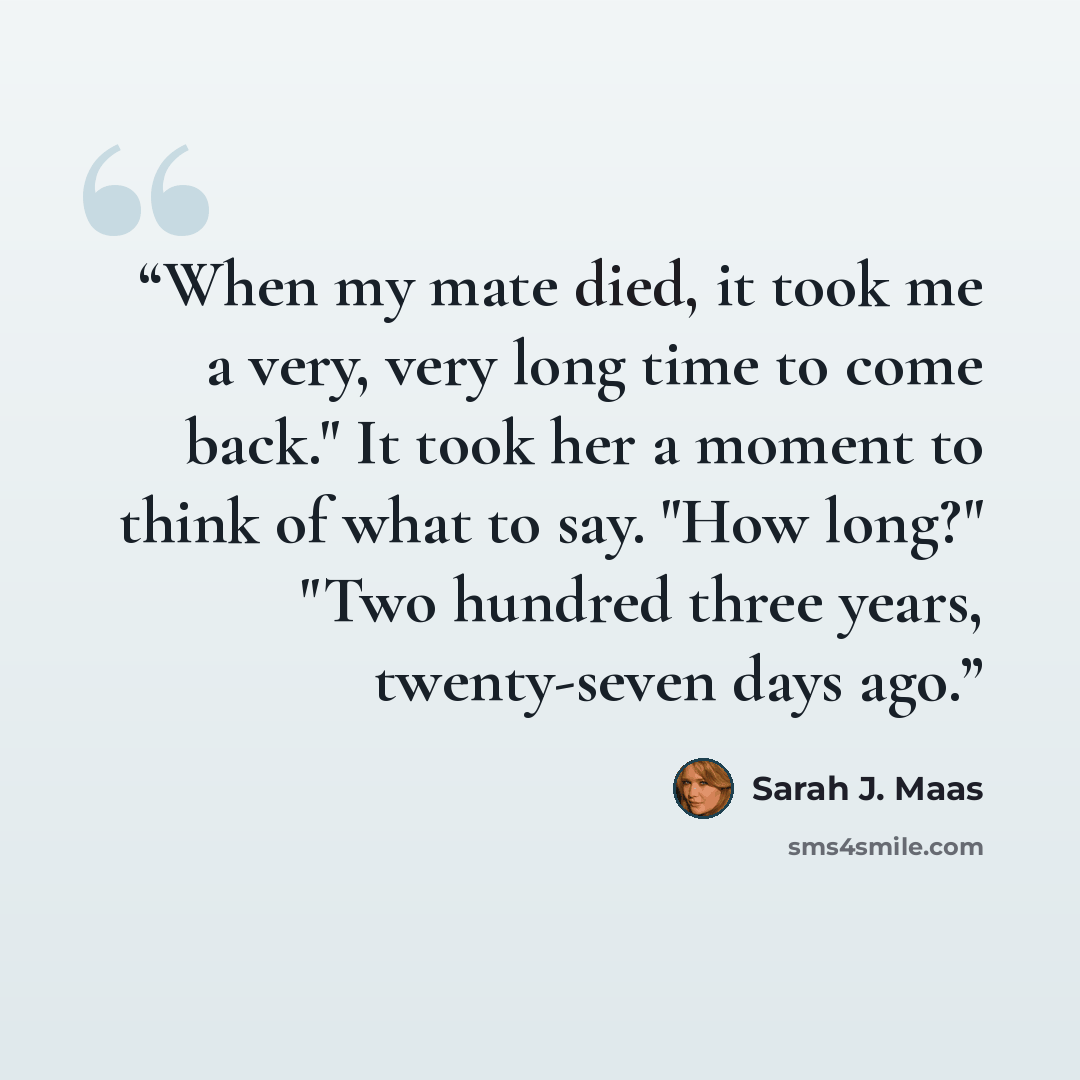 “When my mate died, it took me a very, very long time to come back." It took her a moment to think of what to say. "How long?" "Two hundred three years, twenty-seven days ago.” quote by Sarah J. Maas