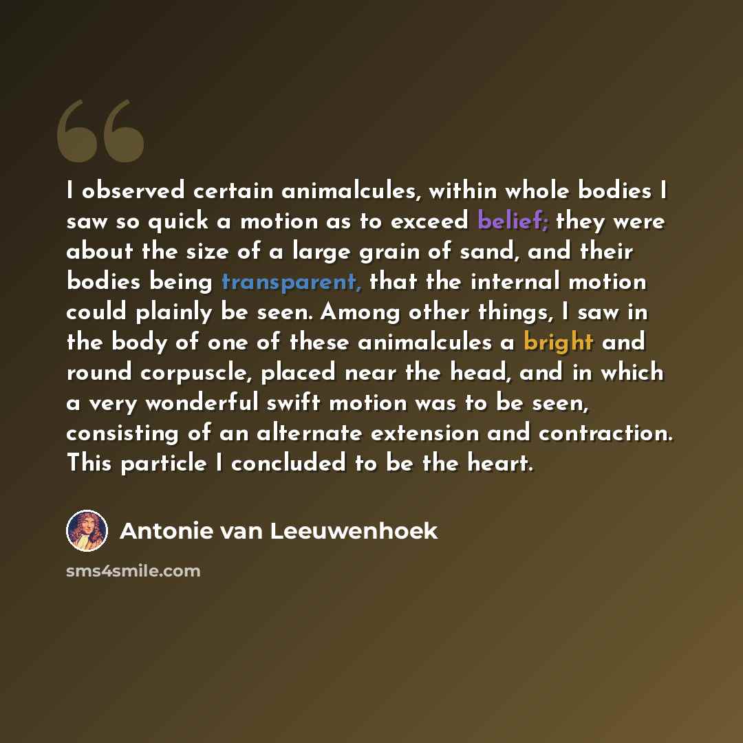 “I observed certain animalcules, within whole bodies I saw so quick a motion as to exceed belief; they were about the size of a large grain of sand, and their bodies being transparent, that the internal motion could plainly be seen. Among other things, I saw in the body of one of these animalcules…” quote by Antonie van Leeuwenhoek